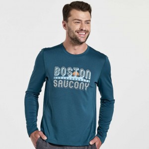 Férfi Saucony Stopwatch Graphic Long Sleeve Póló Kék | HUNGARY VTDQB