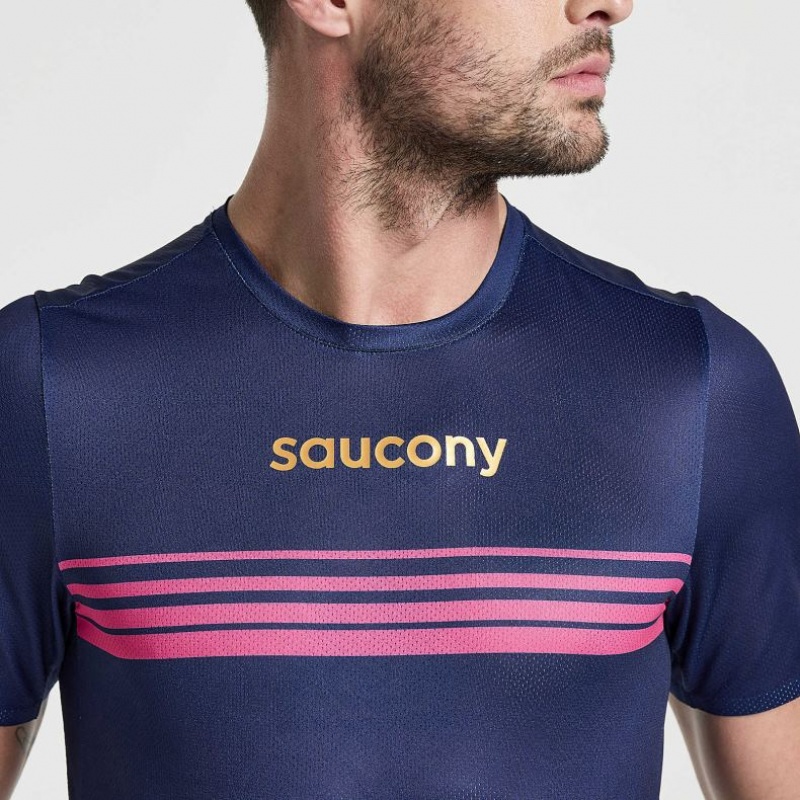 Férfi Saucony Elite Rövid Sleeve Póló Sötétkék | HUNGARY LXKPZ